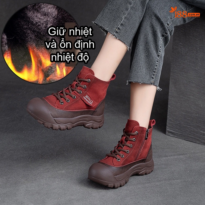 Boot Nữ Cổ Cao Da Bò Mũi Tròn Chiều Cao Đế Khoảng 5cm Màu Đỏ, Nâu