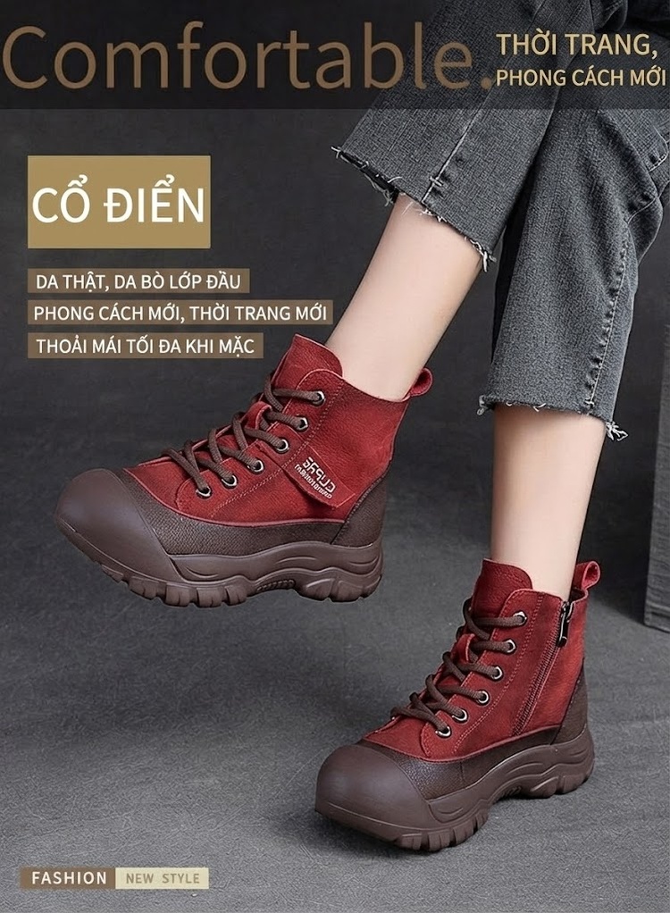 Boot Nữ Cổ Cao Da Bò Mũi Tròn Chiều Cao Đế Khoảng 5cm Màu Đỏ, Nâu chi tiết 2