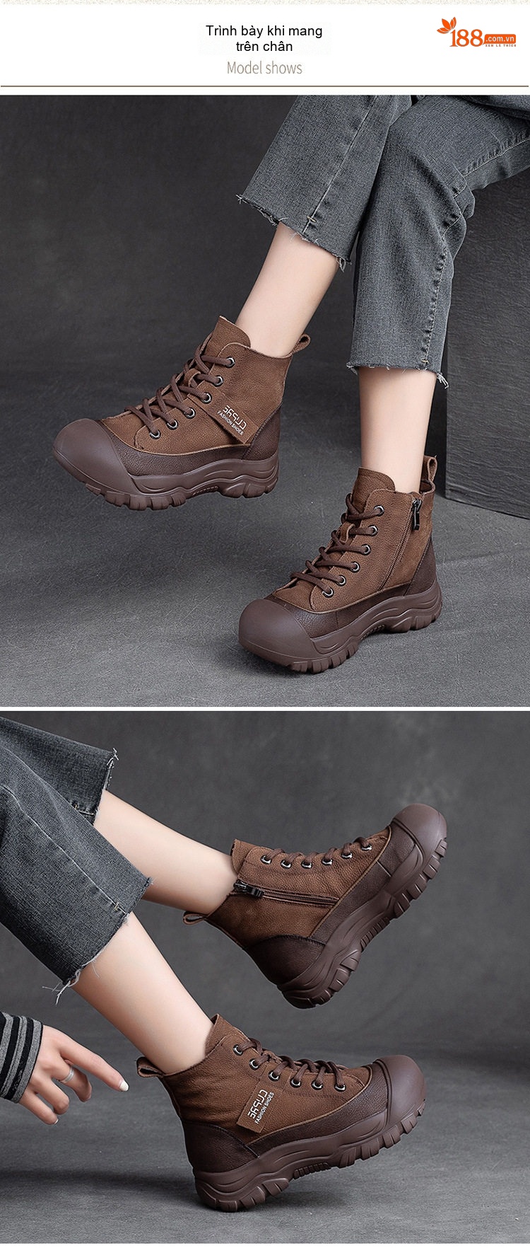 Boot Nữ Cổ Cao Da Bò Mũi Tròn Chiều Cao Đế Khoảng 5cm Màu Đỏ, Nâu chi tiết 8