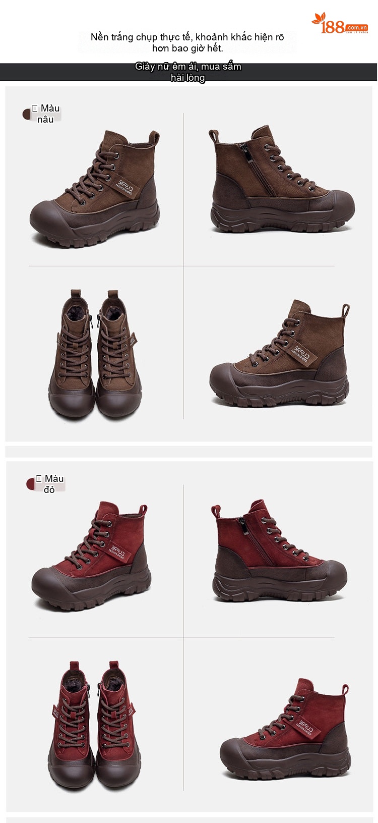 Boot Nữ Cổ Cao Da Bò Mũi Tròn Chiều Cao Đế Khoảng 5cm Màu Đỏ, Nâu chi tiết 15