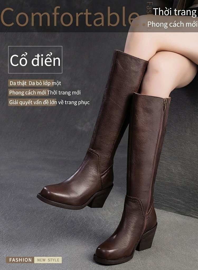Boot Nữ Cổ Cao Da Bò Phong Cách Anh Quốc Chiều Cao Đế Khoảng 6cm Màu Đen, Nâu chi tiết 2