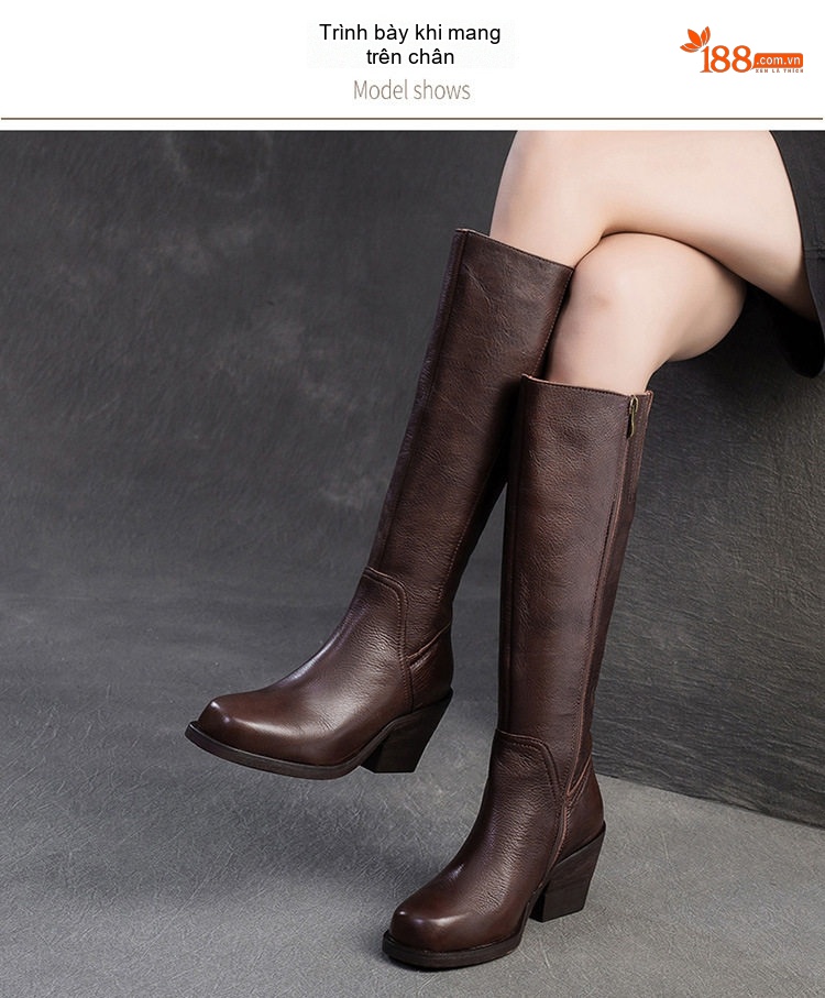 Boot Nữ Cổ Cao Da Bò Phong Cách Anh Quốc Chiều Cao Đế Khoảng 6cm Màu Đen, Nâu chi tiết 8
