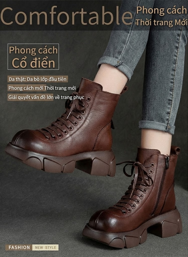 Boot Nữ Cổ Cao Da Bò Phong Cách Retro Chiều Cao Đế Khoảng 5cm Màu Đen, Nâu chi tiết 1