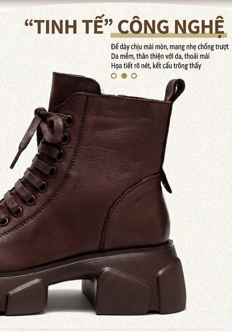 Boot Nữ Cổ Cao Da Bò Phong Cách Retro Chiều Cao Đế Khoảng 5cm Màu Đen, Nâu chi tiết 2