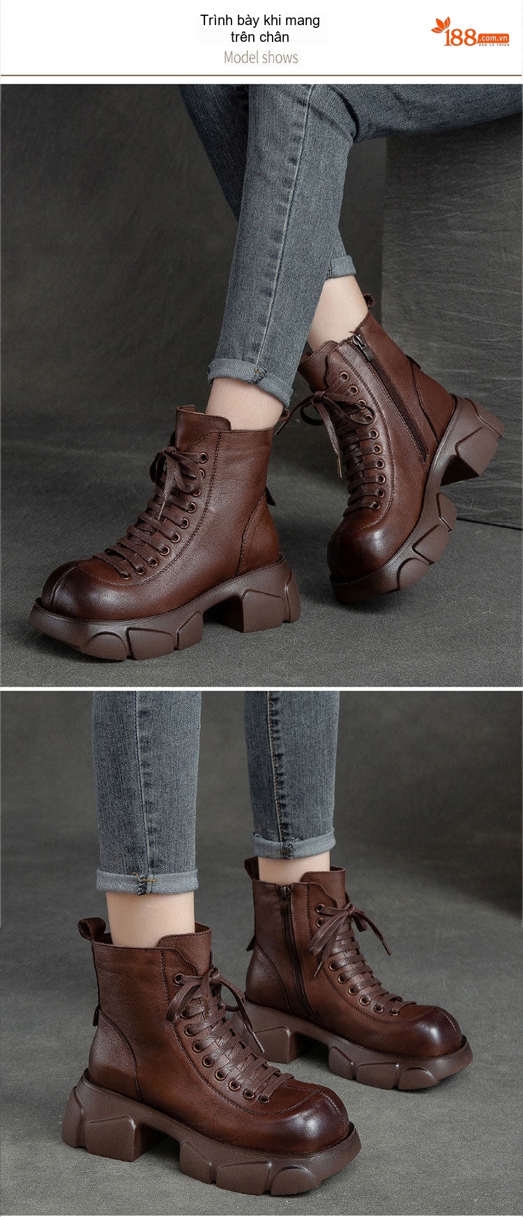 Boot Nữ Cổ Cao Da Bò Phong Cách Retro Chiều Cao Đế Khoảng 5cm Màu Đen, Nâu chi tiết 6