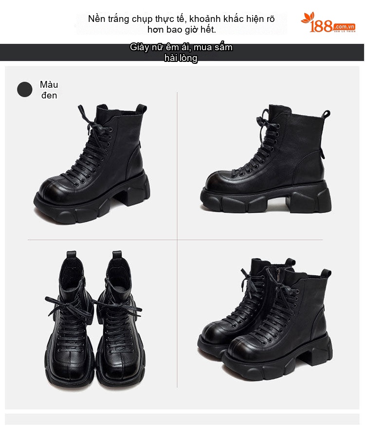 Boot Nữ Cổ Cao Da Bò Phong Cách Retro Chiều Cao Đế Khoảng 5cm Màu Đen, Nâu chi tiết 11