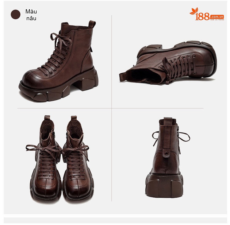 Boot Nữ Cổ Cao Da Bò Phong Cách Retro Chiều Cao Đế Khoảng 5cm Màu Đen, Nâu chi tiết 12