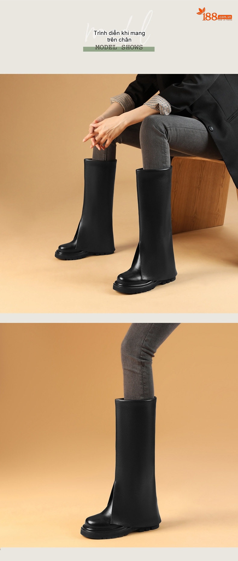 Boot Nữ Cổ Cao Da Bóng Chiều Cao Đế Khoảng 5cm Màu Đen chi tiết 1