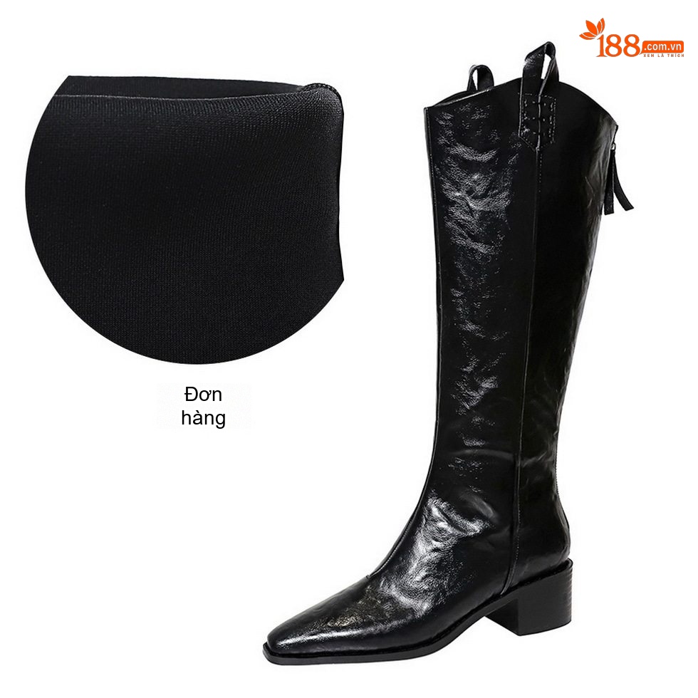 Boot Nữ Cổ Cao Da Bóng Gót Vuông Chiều Cao Đế Khoảng 4cm Màu Đen, Nâu