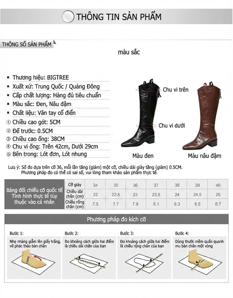 Boot Nữ Cổ Cao Da Bóng Gót Vuông Chiều Cao Đế Khoảng 4cm Màu Đen, Nâu chi tiết 1