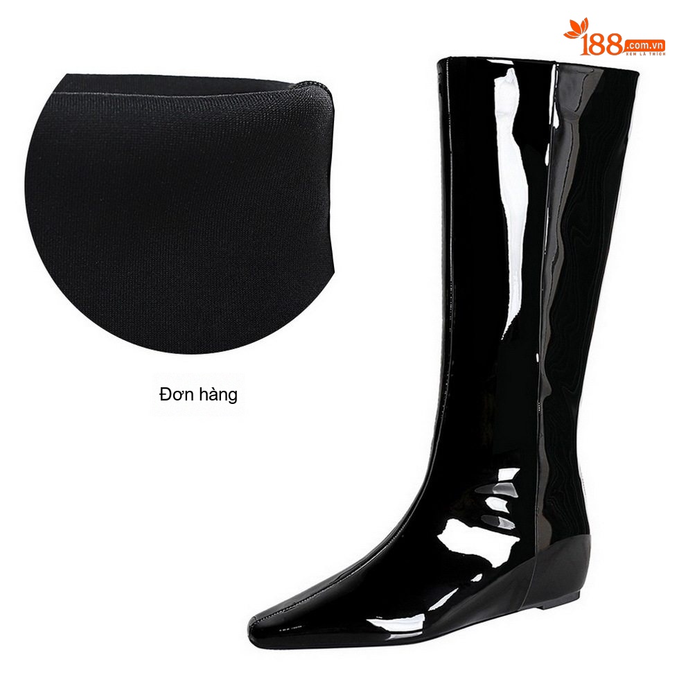 Boot Nữ Cổ Cao Da Bóng Khóa Kéo Sau Gót Vuông Chiều Cao Đế Khoảng 4cm Màu Đen