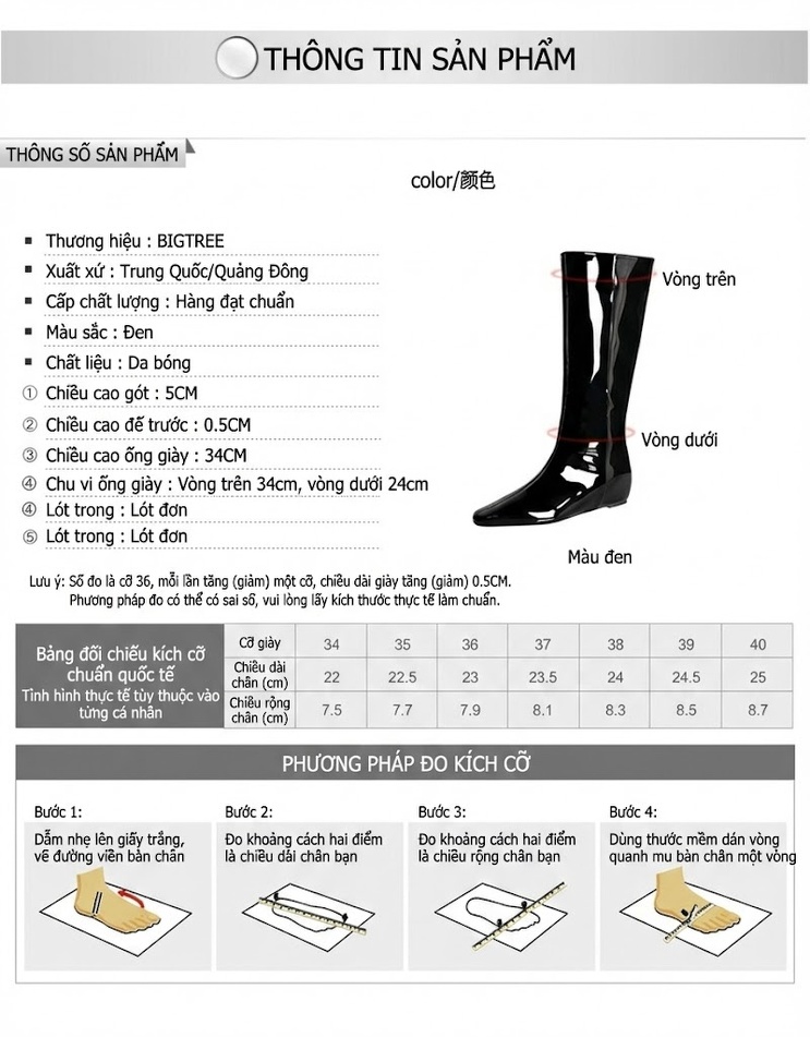 Boot Nữ Cổ Cao Da Bóng Khóa Kéo Sau Gót Vuông Chiều Cao Đế Khoảng 4cm Màu Đen chi tiết 1