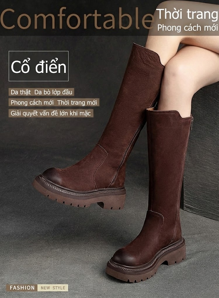 Boot Nữ Cổ Cao Da Mờ Khóa Kéo Bên Hông Phong Cách Retro Chiều Cao Đế Khoảng 5cm Màu Đen, Nâu chi tiết 1