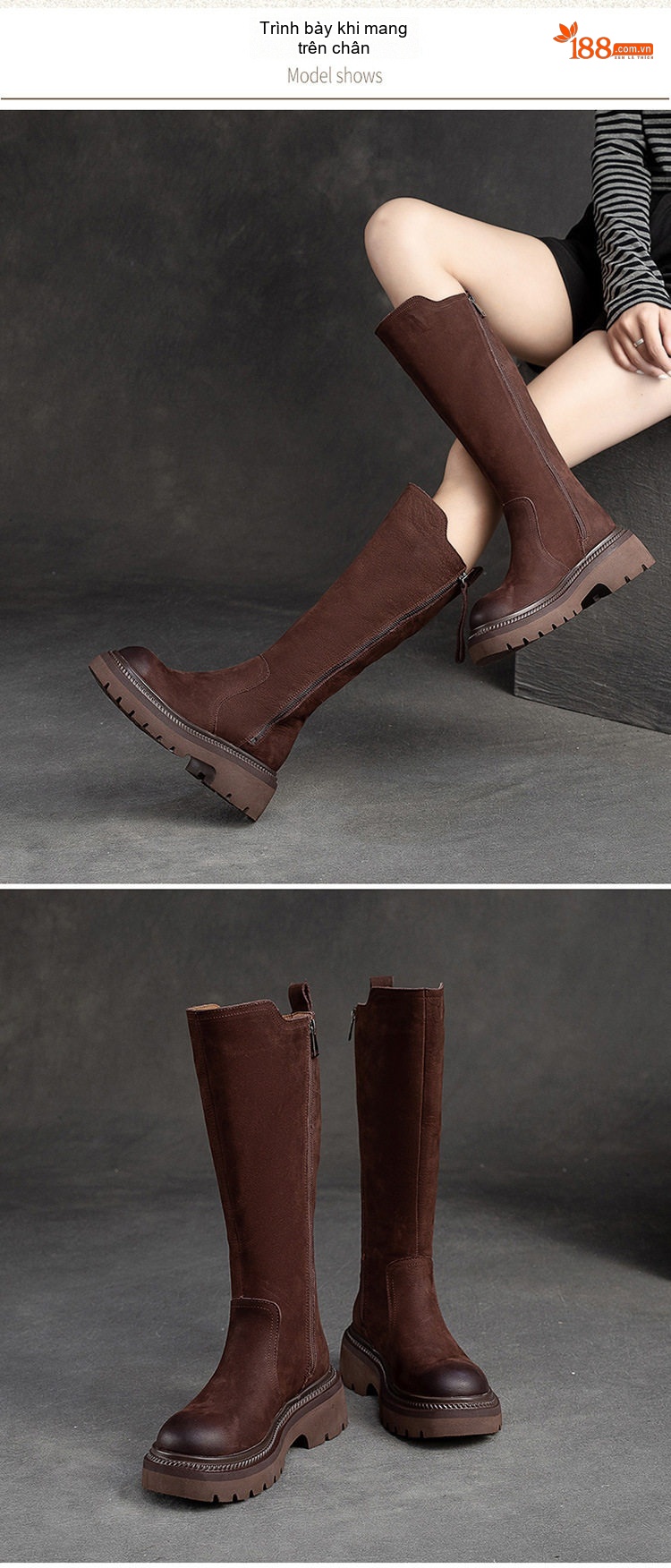 Boot Nữ Cổ Cao Da Mờ Khóa Kéo Bên Hông Phong Cách Retro Chiều Cao Đế Khoảng 5cm Màu Đen, Nâu chi tiết 6