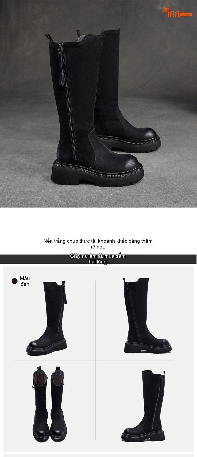 Boot Nữ Cổ Cao Da Mờ Khóa Kéo Bên Hông Phong Cách Retro Chiều Cao Đế Khoảng 5cm Màu Đen, Nâu chi tiết 13