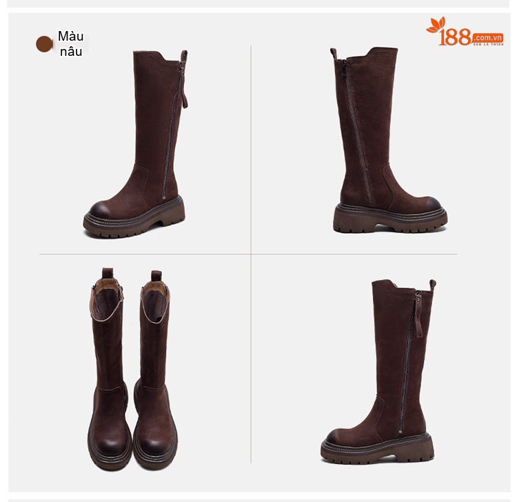 Boot Nữ Cổ Cao Da Mờ Khóa Kéo Bên Hông Phong Cách Retro Chiều Cao Đế Khoảng 5cm Màu Đen, Nâu chi tiết 14