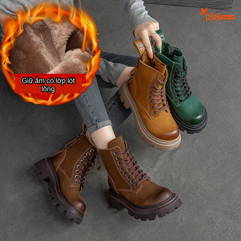 Boot Nữ Cổ Cao Da Mờ Lót Lông Chiều Cao Đế Khoảng 5cm Màu Nâu, Xanh, Đen