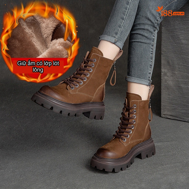 Boot Nữ Cổ Cao Da Mờ Lót Lông Chiều Cao Đế Khoảng 5cm Màu Nâu, Xanh, Đen