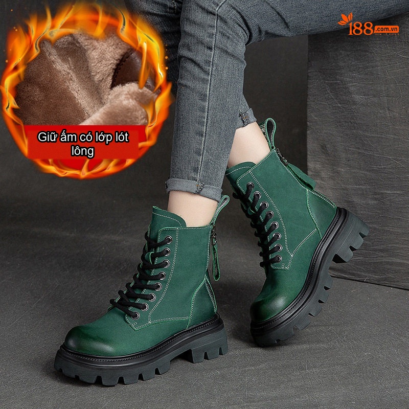 Boot Nữ Cổ Cao Da Mờ Lót Lông Chiều Cao Đế Khoảng 5cm Màu Nâu, Xanh, Đen