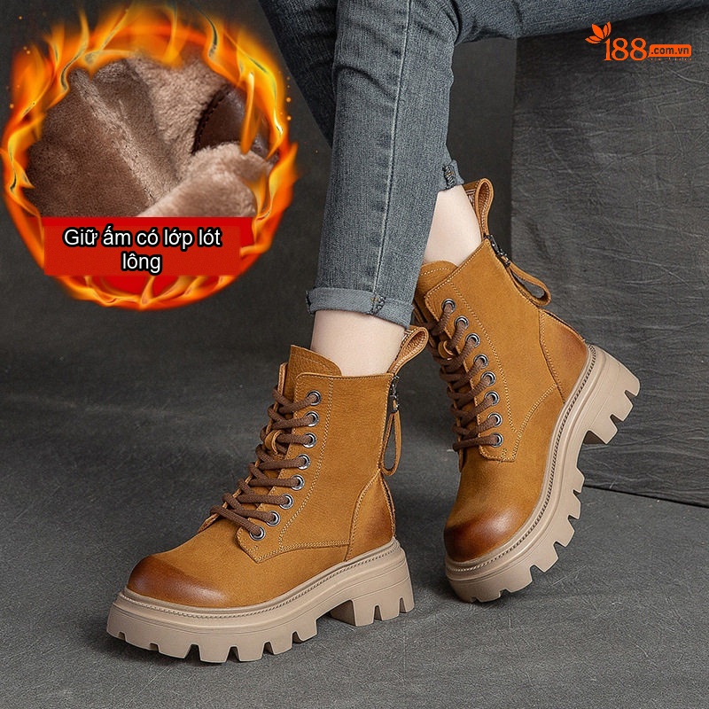 Boot Nữ Cổ Cao Da Mờ Lót Lông Chiều Cao Đế Khoảng 5cm Màu Nâu, Xanh, Đen
