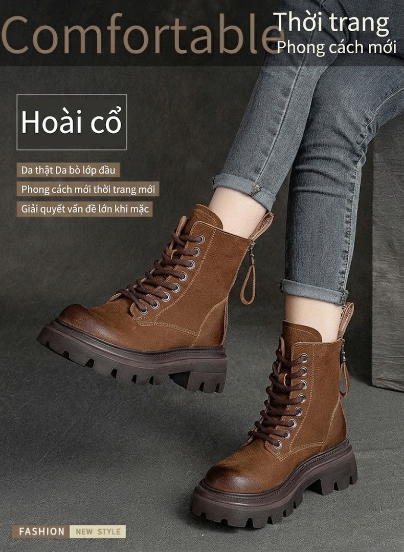 Boot Nữ Cổ Cao Da Mờ Lót Lông Chiều Cao Đế Khoảng 5cm Màu Nâu, Xanh, Đen chi tiết 2