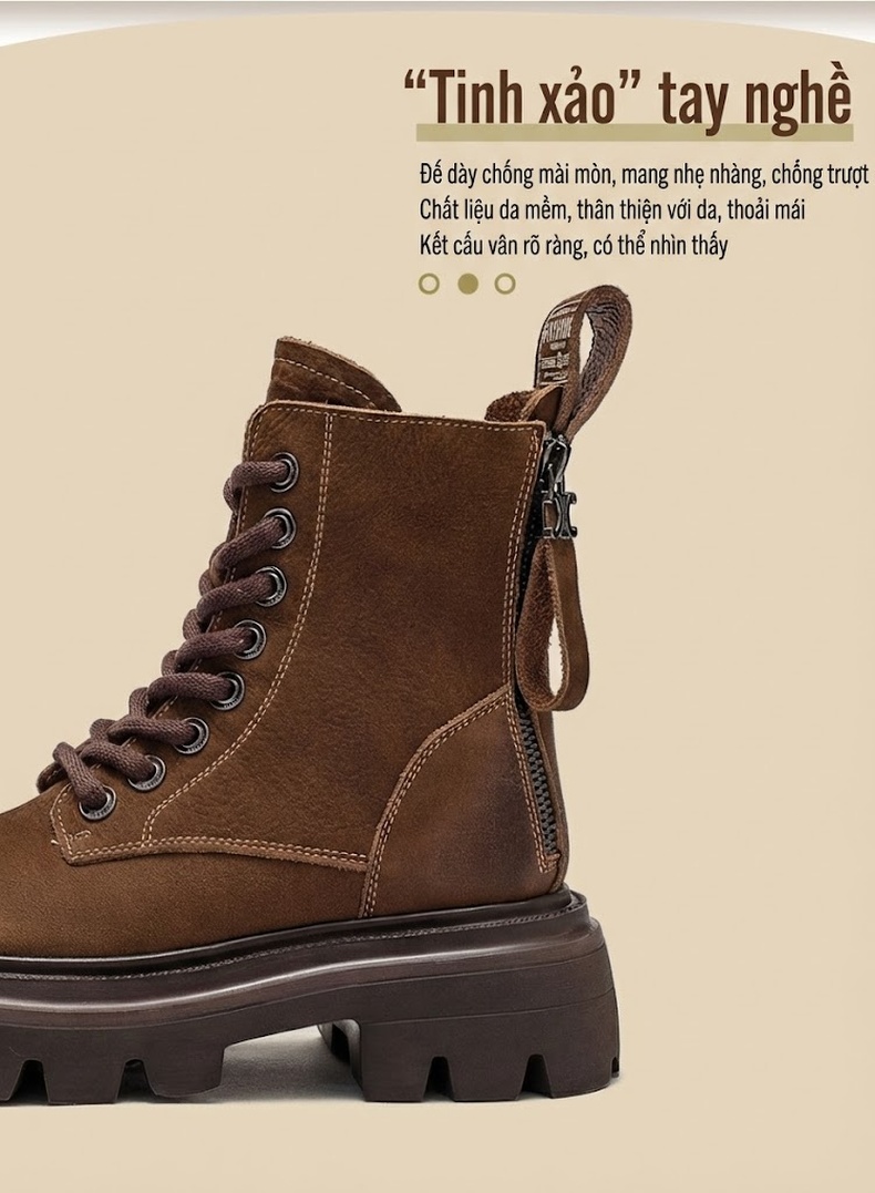 Boot Nữ Cổ Cao Da Mờ Lót Lông Chiều Cao Đế Khoảng 5cm Màu Nâu, Xanh, Đen chi tiết 4