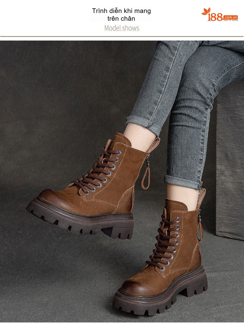 Boot Nữ Cổ Cao Da Mờ Lót Lông Chiều Cao Đế Khoảng 5cm Màu Nâu, Xanh, Đen chi tiết 9