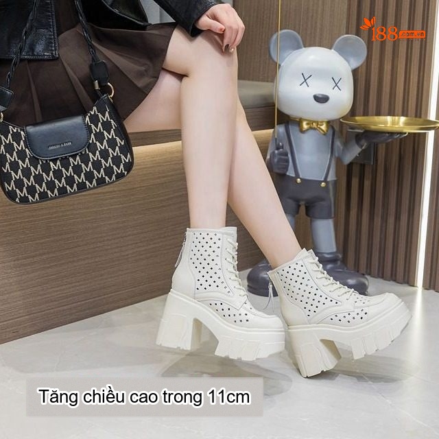 Boot Nữ Cổ Cao Da Thật Đục Lỗ Chiều Cao Đế 11cm Màu Đen, Trắng