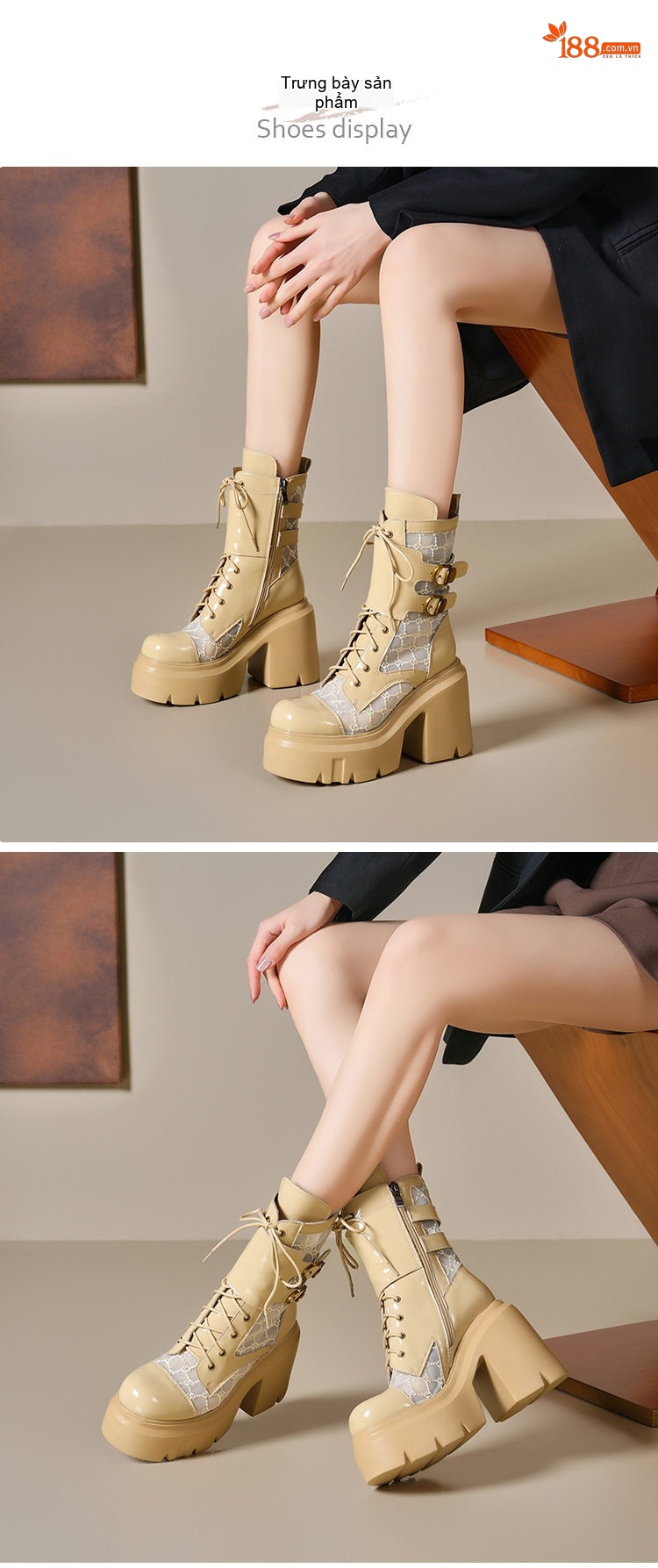 Boot Nữ Cổ Cao Dây Buộc Da Bóng Chiều Cao Đế Khoảng 7cm Màu Be, Đen, Kem, Xám... chi tiết 2