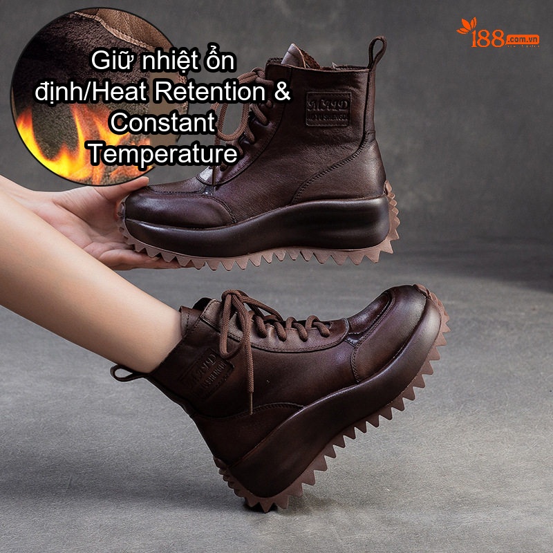 Boot Nữ Cổ Cao Đế Bánh Mì Lót Lông Giữ Ấm Chiều Cao Đế Khoảng 5cm Màu Đen, Nâu