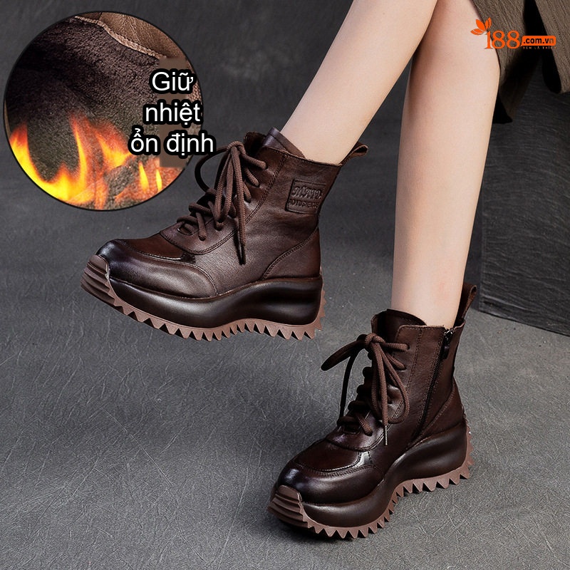 Boot Nữ Cổ Cao Đế Bánh Mì Lót Lông Giữ Ấm Chiều Cao Đế Khoảng 5cm Màu Đen, Nâu