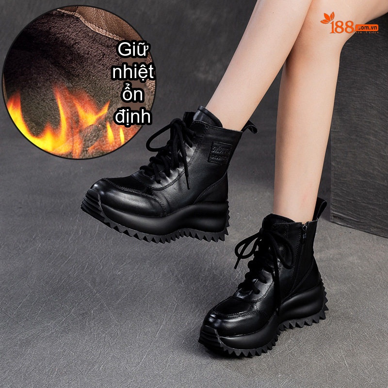 Boot Nữ Cổ Cao Đế Bánh Mì Lót Lông Giữ Ấm Chiều Cao Đế Khoảng 5cm Màu Đen, Nâu