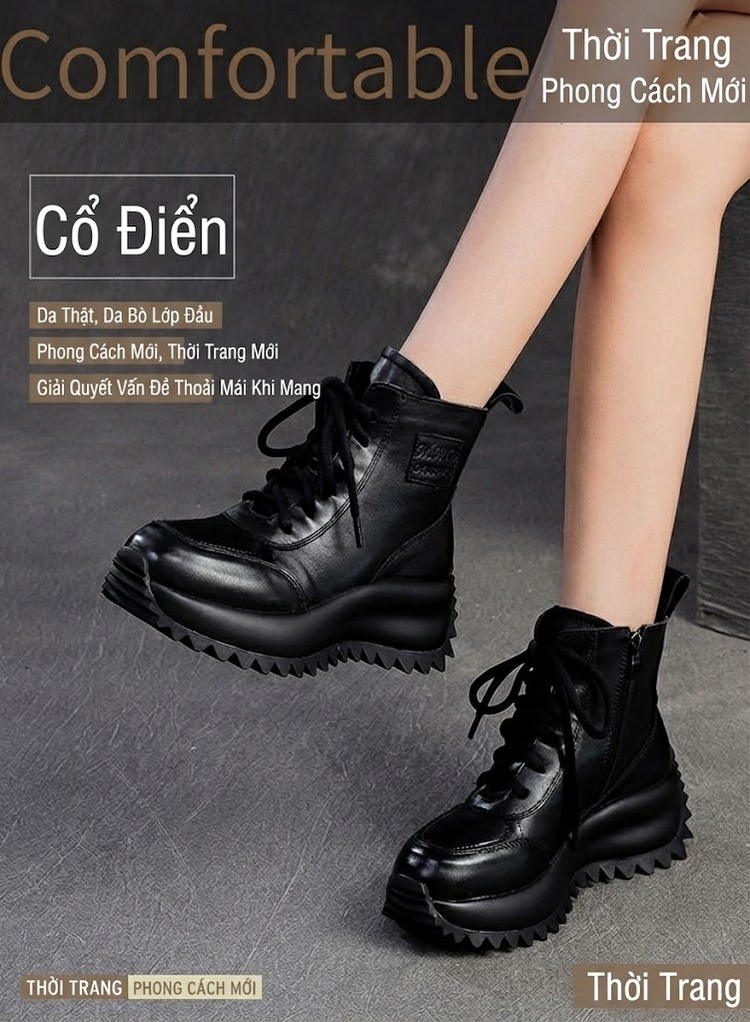 Boot Nữ Cổ Cao Đế Bánh Mì Lót Lông Giữ Ấm Chiều Cao Đế Khoảng 5cm Màu Đen, Nâu chi tiết 1