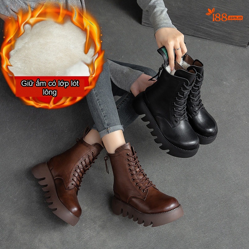 Boot Nữ Cổ Cao Đế Dày Khoảng 5cm Ôm Chân Phong Cách Retro Màu Đen, Nâu