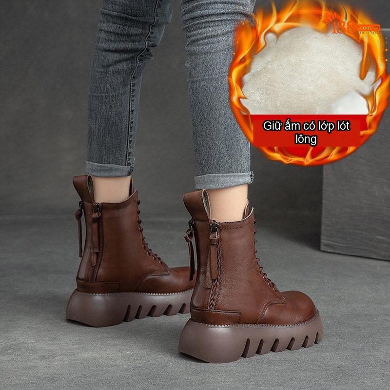 Boot Nữ Cổ Cao Đế Dày Khoảng 5cm Ôm Chân Phong Cách Retro Màu Đen, Nâu