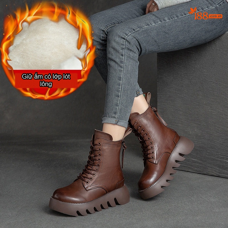 Boot Nữ Cổ Cao Đế Dày Khoảng 5cm Ôm Chân Phong Cách Retro Màu Đen, Nâu