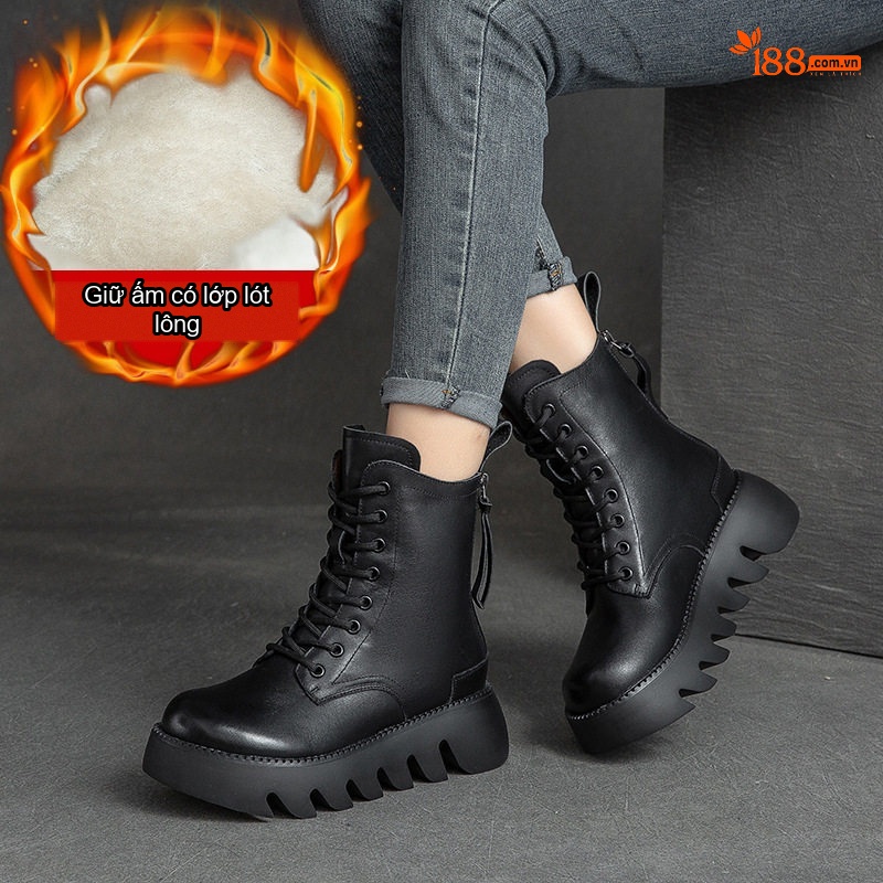 Boot Nữ Cổ Cao Đế Dày Khoảng 5cm Ôm Chân Phong Cách Retro Màu Đen, Nâu