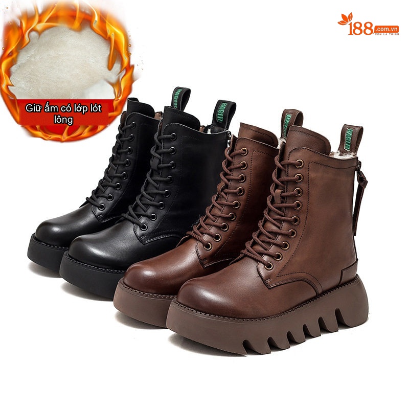 Boot Nữ Cổ Cao Đế Dày Khoảng 5cm Ôm Chân Phong Cách Retro Màu Đen, Nâu