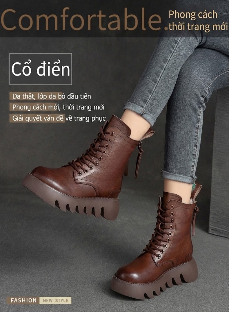 Boot Nữ Cổ Cao Đế Dày Khoảng 5cm Ôm Chân Phong Cách Retro Màu Đen, Nâu chi tiết 1
