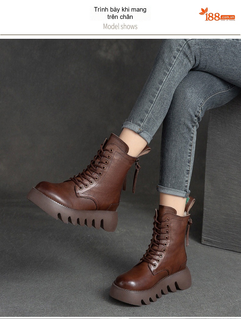 Boot Nữ Cổ Cao Đế Dày Khoảng 5cm Ôm Chân Phong Cách Retro Màu Đen, Nâu chi tiết 6
