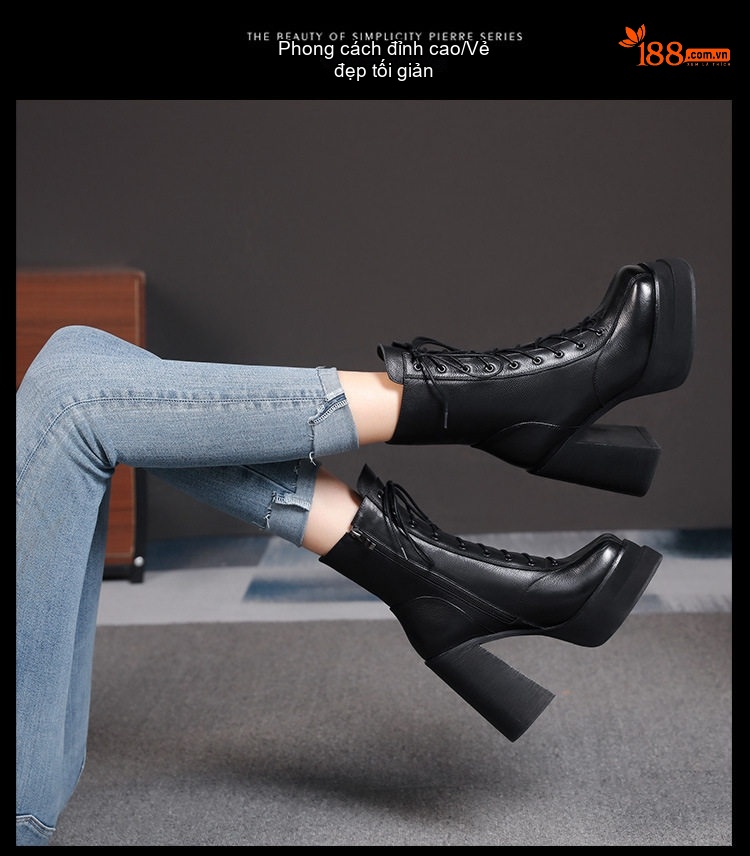 Boot Nữ Cổ Cao Đế Xuồng Dây Buộc Bên Hông Chiều Cao Đế Khoảng 12cm Màu Đen, Nâu chi tiết 4