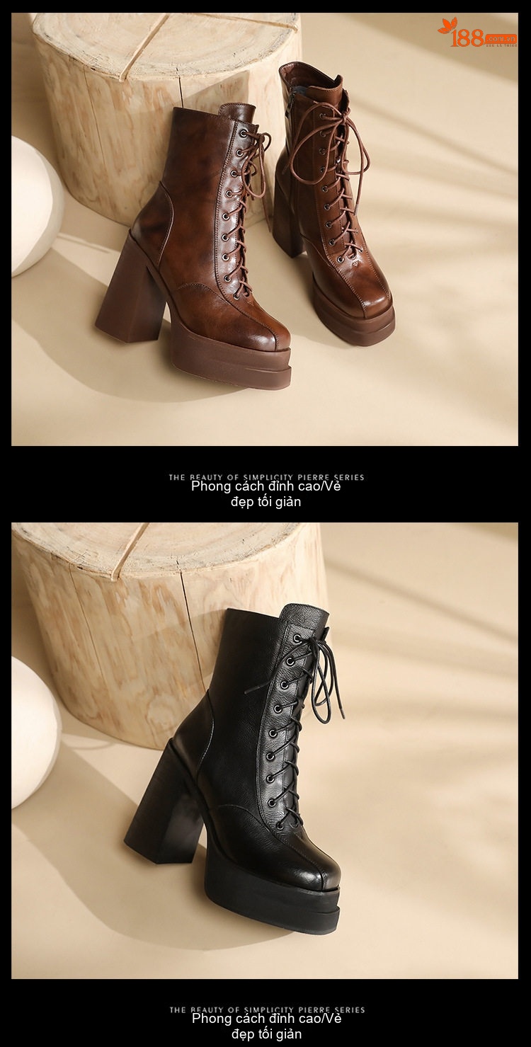 Boot Nữ Cổ Cao Đế Xuồng Dây Buộc Bên Hông Chiều Cao Đế Khoảng 12cm Màu Đen, Nâu chi tiết 6