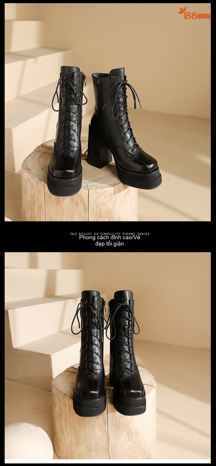 Boot Nữ Cổ Cao Đế Xuồng Dây Buộc Bên Hông Chiều Cao Đế Khoảng 12cm Màu Đen, Nâu chi tiết 7