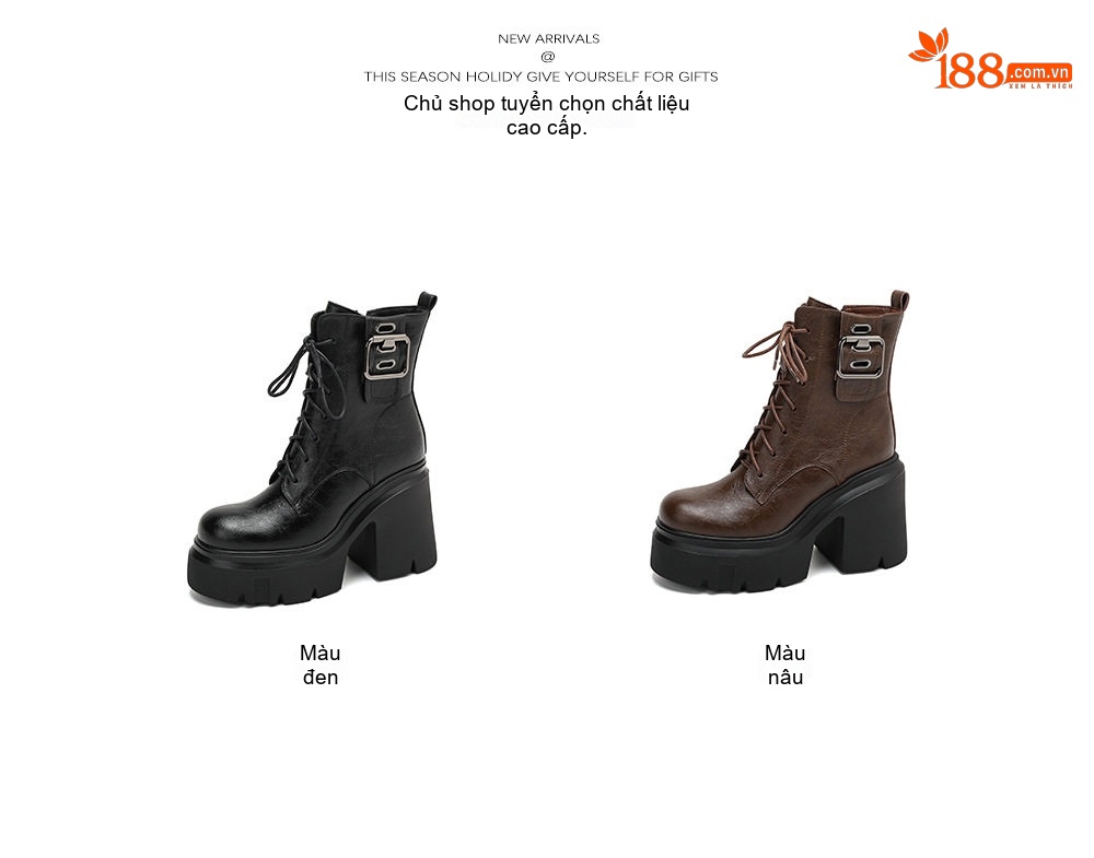 Boot Nữ Cổ Cao Đế Xuồng Dây Buộc Phong Cách Ulzzang Chiều Cao Đế Khoảng 8cm Màu Đen, Nâu chi tiết 2