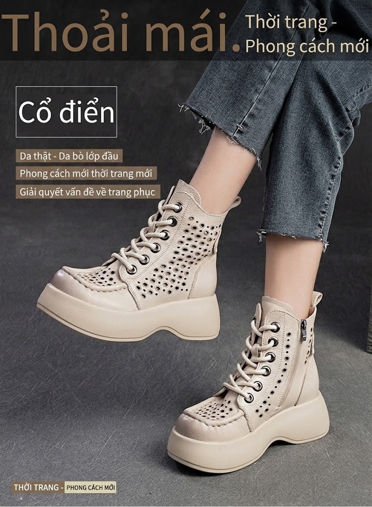 Boot Nữ Cổ Cao Họa Tiết Lỗ Thoáng Khí Chiều Cao Đế Khoảng 5cm Màu Nâu, Đen, Kem chi tiết 1