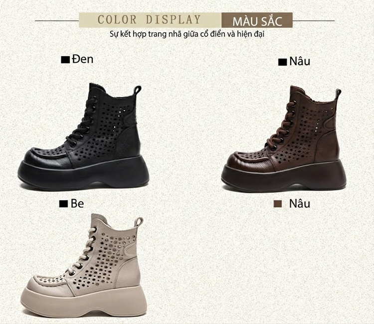 Boot Nữ Cổ Cao Họa Tiết Lỗ Thoáng Khí Chiều Cao Đế Khoảng 5cm Màu Nâu, Đen, Kem chi tiết 2