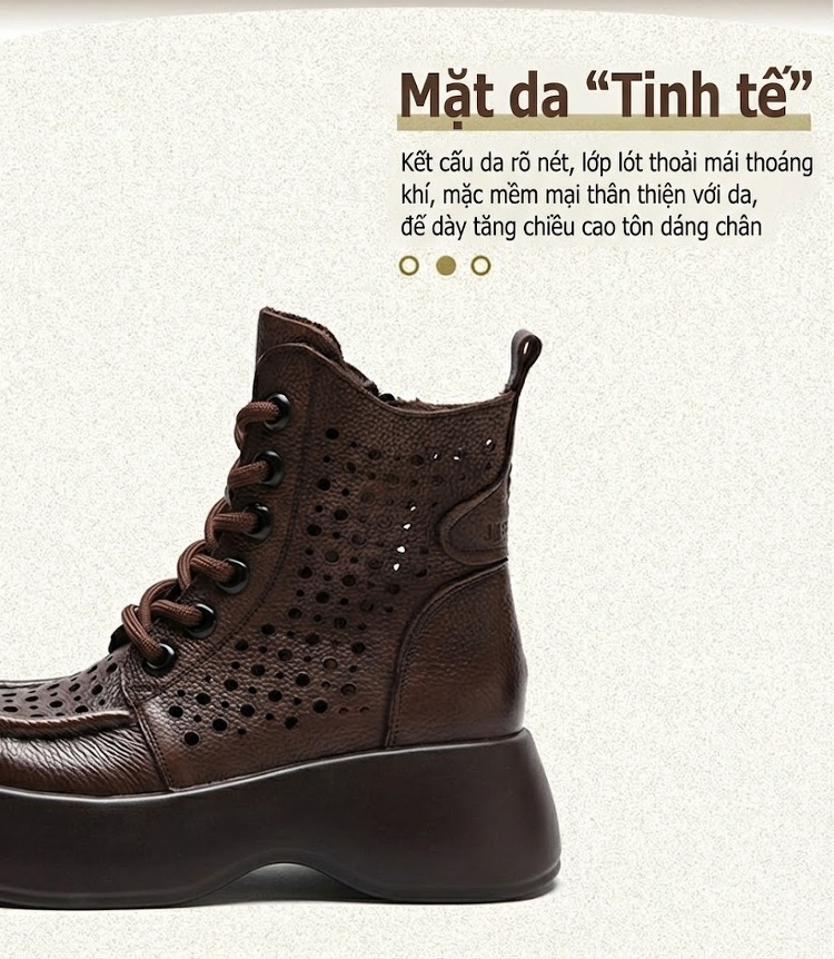 Boot Nữ Cổ Cao Họa Tiết Lỗ Thoáng Khí Chiều Cao Đế Khoảng 5cm Màu Nâu, Đen, Kem chi tiết 3