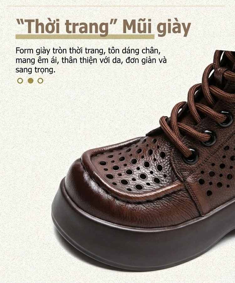 Boot Nữ Cổ Cao Họa Tiết Lỗ Thoáng Khí Chiều Cao Đế Khoảng 5cm Màu Nâu, Đen, Kem chi tiết 4