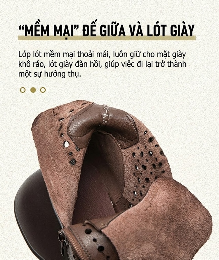 Boot Nữ Cổ Cao Họa Tiết Lỗ Thoáng Khí Chiều Cao Đế Khoảng 5cm Màu Nâu, Đen, Kem chi tiết 6