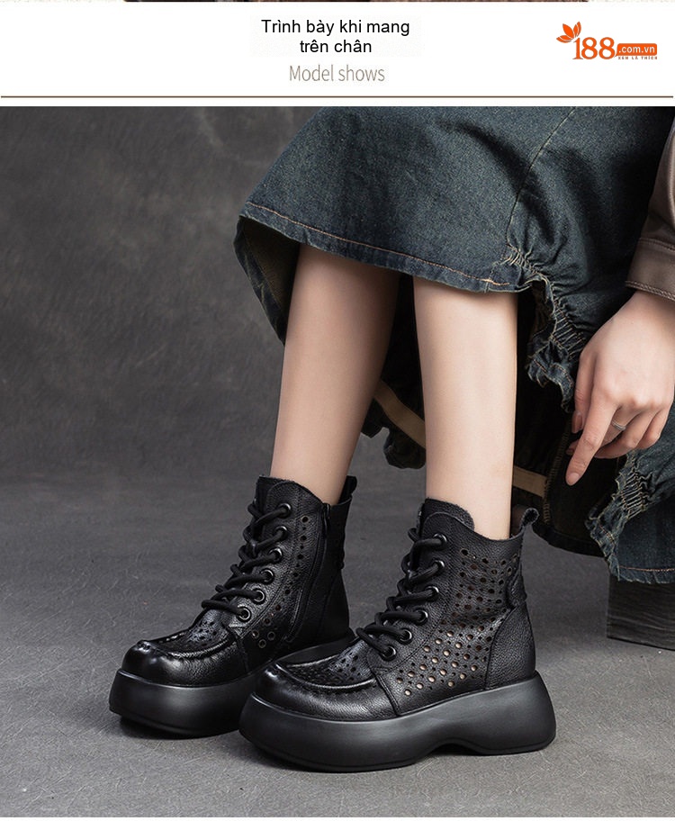 Boot Nữ Cổ Cao Họa Tiết Lỗ Thoáng Khí Chiều Cao Đế Khoảng 5cm Màu Nâu, Đen, Kem chi tiết 7